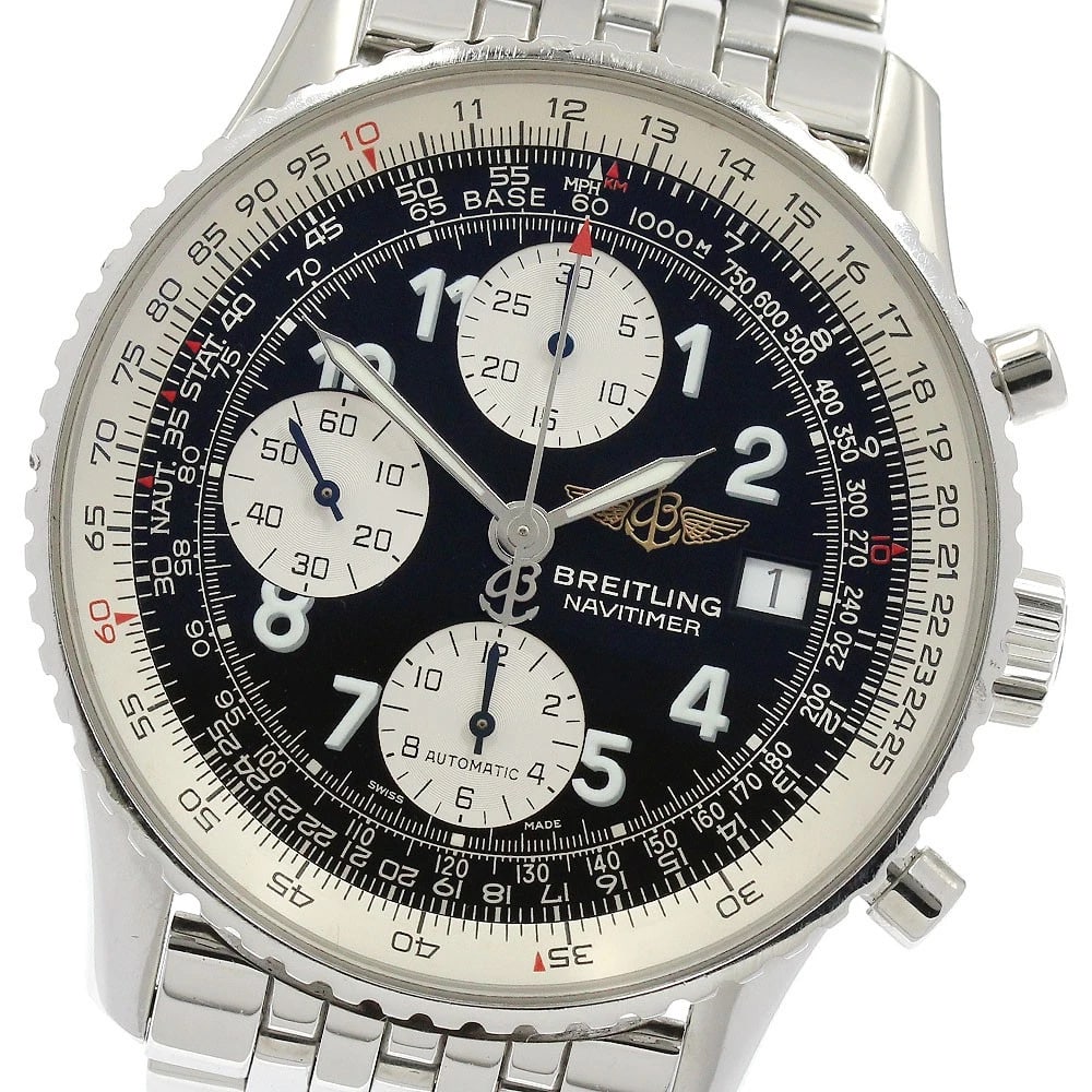 BREITLING NAVITIMER DATE CHRONOGRAPH WATCH: BREITLING Navitimer Date Chronograph Watch Brand: BREITLING Type: Wristwatch Material: Band Material Stainless Steel, Case Material Stainless Steel Color: Band Color Silver, Dial Color Black / Silv