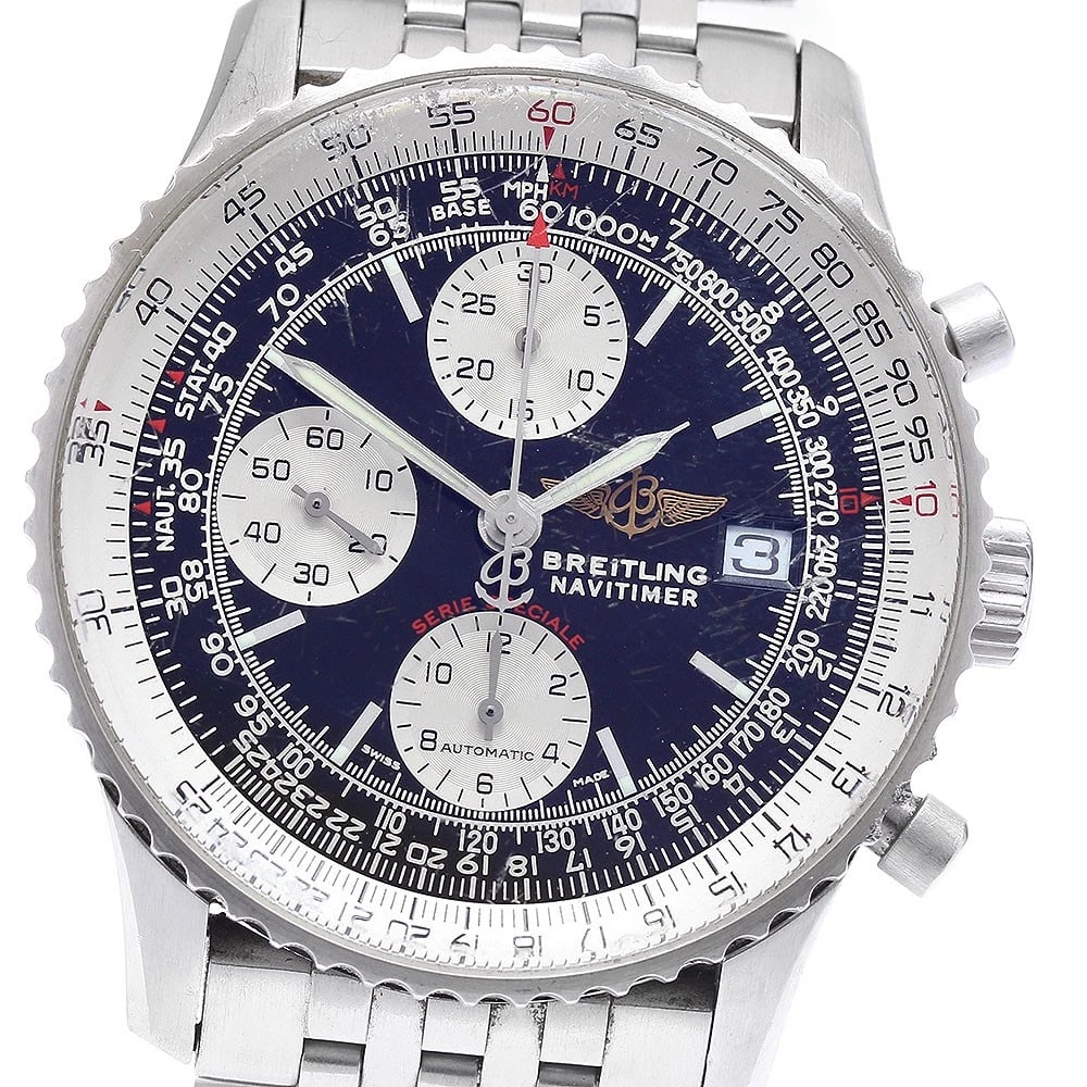 BREITLING NAVITIMER FIGHTERS DATE CHRONOGRAPH: BREITLING Navitimer Fighters Date Chronograph Brand: BREITLING Type: Wristwatch Material: Band Material Stainless Steel, Case Material Stainless Steel Color: Band Color Silver, Dial Color Black / S