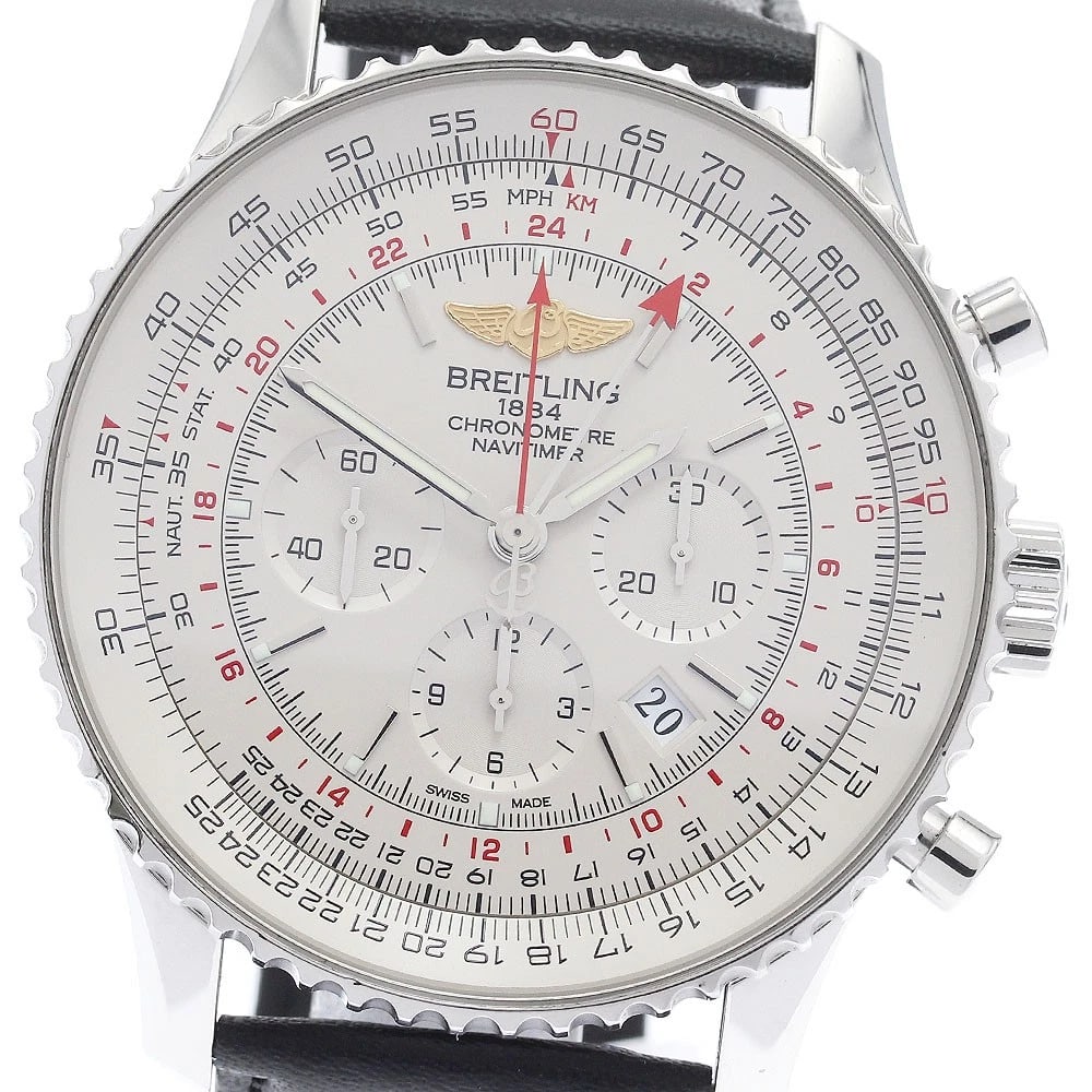 BREITLING NAVITIMER GMT SILVER DIAL WATCH: BREITLING Navitimer GMT Silver Dial Watch Brand: BREITLING Type: Wristwatch Material: Band Material leather, Case Material Stainless Steel Color: Band Color black, Dial Color Silver, Case Color