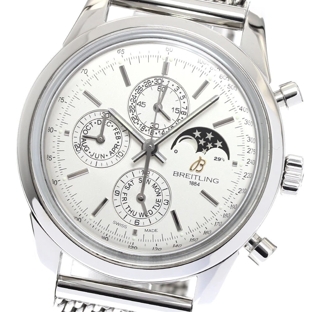 BREITLING TRANSOCEAN CHRONOGRAPH MOON PHASE WATCH: BREITLING Transocean Chronograph Moon Phase Watch Brand: BREITLING Type: Wristwatch Material: Band Material Stainless Steel, Case Material Stainless Steel Color: Band Color Silver, Dial Color