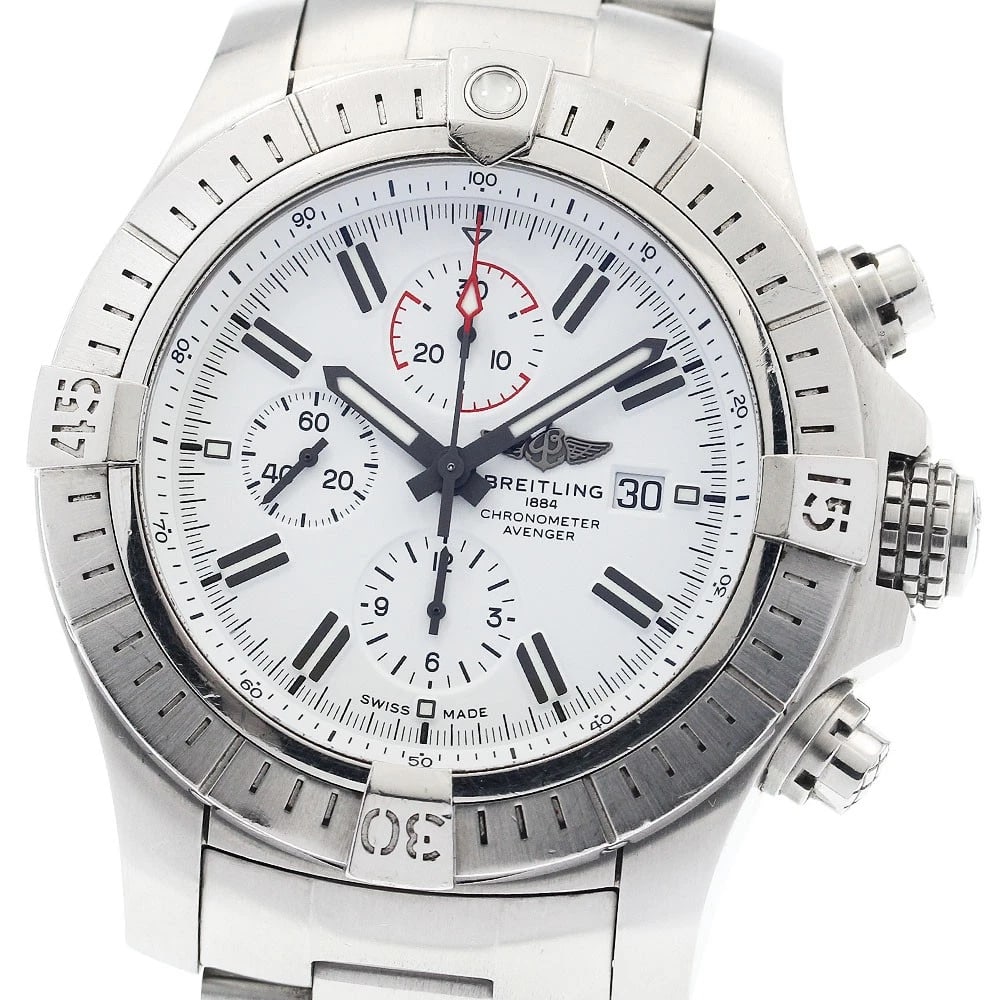 BREITLING SUPER AVENGER CHRONOGRAPH WATCH: BREITLING Super avenger Chronograph Watch Brand: BREITLING Type: Wristwatch Material: Band Material Stainless Steel, Case Material Stainless Steel Color: Band Color Silver, Dial Color white,