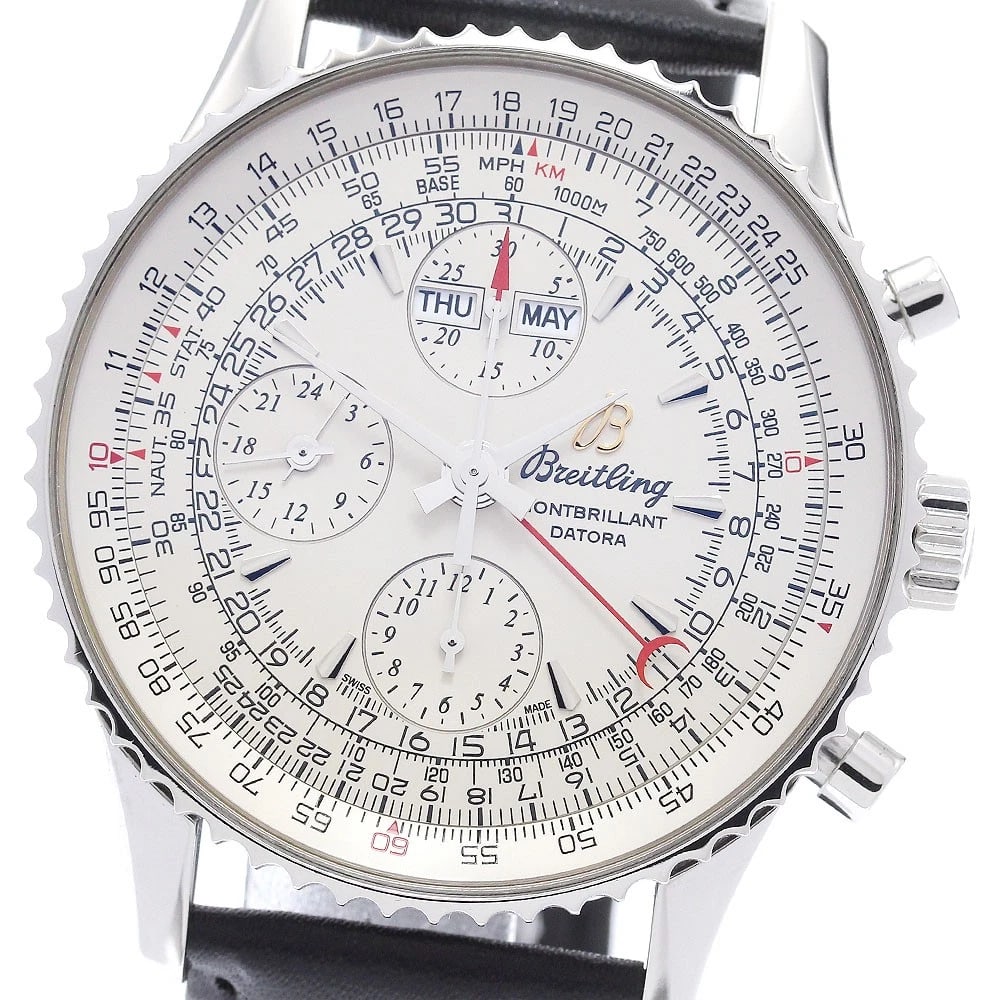 BREITLING MONTBRILLANDA DATRA CALENDAR WATCH: BREITLING Montbrillanda Datra calendar Watch Brand: BREITLING Type: Wristwatch Material: Band Material leather, Case Material Stainless Steel Color: Band Color black, Dial Color Silver, Case