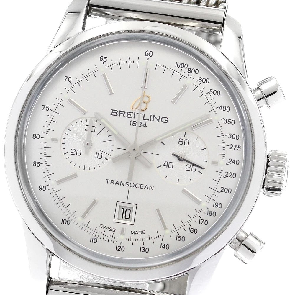 BREITLING TRANSOCEAN CHRONOGRAPH DATE WATCH: BREITLING Transocean Chronograph Date Watch Brand: BREITLING Type: Wristwatch Material: Band Material Stainless Steel, Case Material Stainless Steel Color: Band Color Silver, Dial Color Silver,