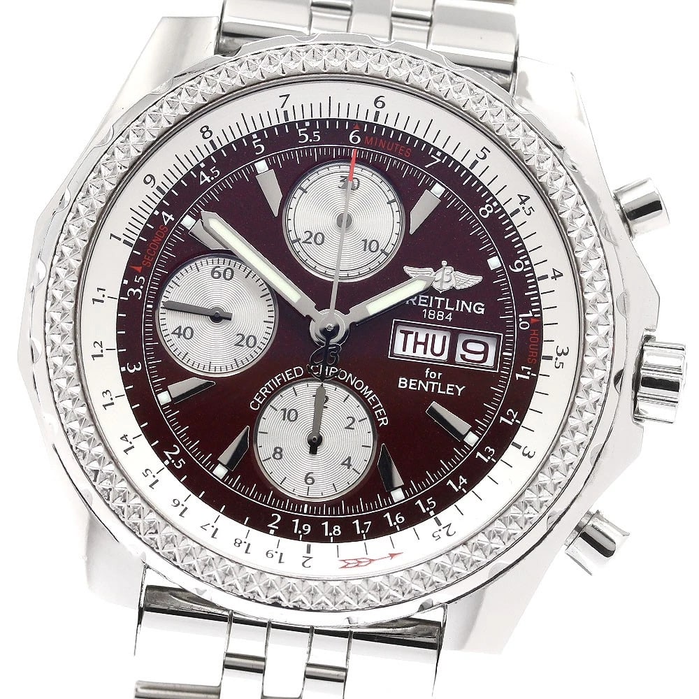 BREITLING BENTLEY CHRONOGRAPH WATCH: BREITLING Bentley Chronograph Watch Brand: BREITLING Type: Wristwatch Material: Band Material Stainless Steel, Case Material Stainless Steel Color: Band Color Silver, Dial Color Bordeaux, Case