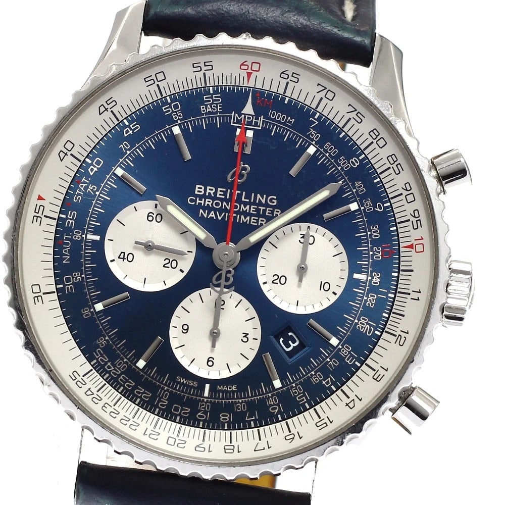 BREITLING NAVITIMER CHRONOGRAPH DATE WATCH: BREITLING Navitimer Chronograph Date Watch Brand: BREITLING Type: Wristwatch Material: Band Material leather, Case Material Stainless Steel Color: Band Color Navy / Yellow, Dial Color Blue /