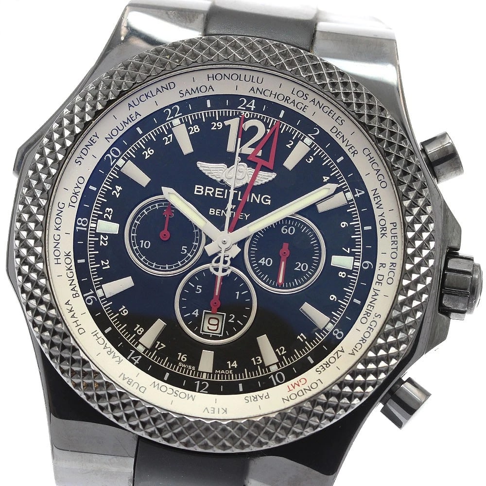 BREITLING BENTLEY GMT CHRONOGRAPH BLACK DIAL WATCH: BREITLING Bentley GMT chronograph black Dial Watch Brand: BREITLING Type: Wristwatch Material: Band Material rubber, Case Material Stainless Steel Color: Band Color black, Dial Color black,