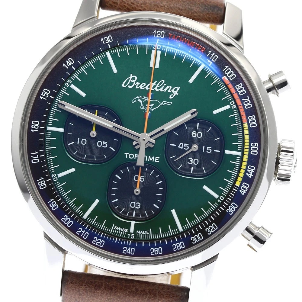 BREITLING TOP TIME FORD MUSTANG CHRONOGRAPH WATCH: BREITLING top time ford mustang Chronograph Watch Brand: BREITLING Type: Wristwatch Material: Band Material leather, Case Material Stainless Steel Color: Band Color Brown, Dial Color Green /