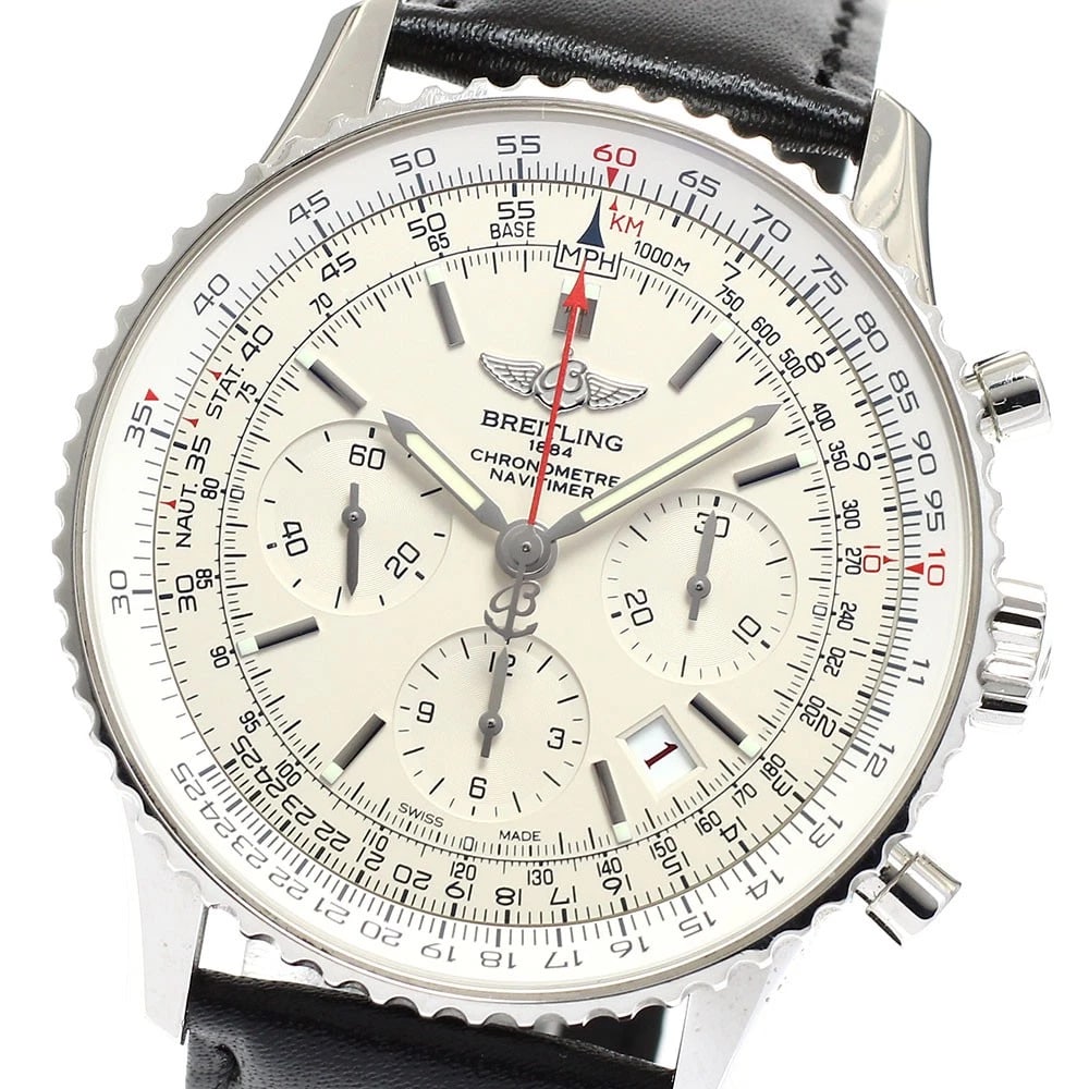 BREITLING NAVITIMER WATCH: BREITLING Navitimer Watch Brand: BREITLING Type: Wristwatch Material: Band Material leather, Case Material Stainless Steel Color: Band Color black, Dial Color beige, Case Color Silver Size: Case s