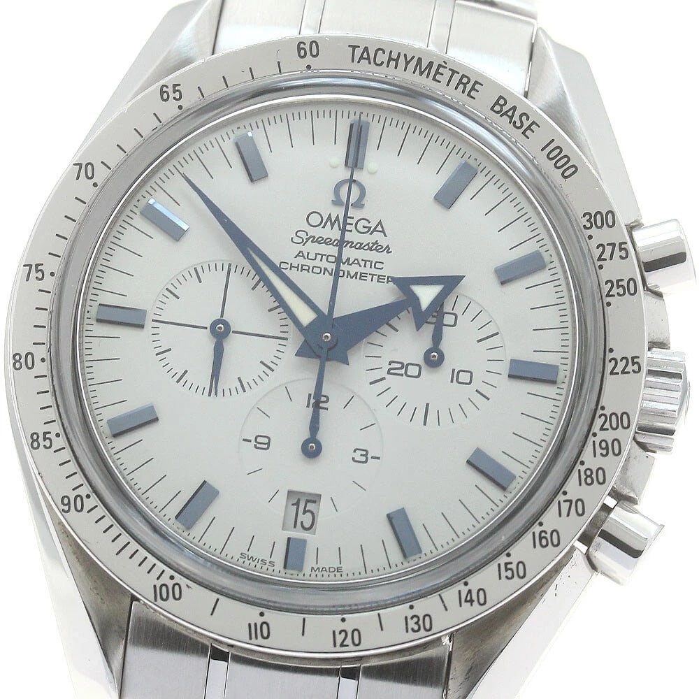 OMEGA SPEEDMASTER BROAD ARROW CHRONOGRAPH WATCH: OMEGA Speedmaster Broad Arrow Chronograph Watch Brand: OMEGA Type: Wristwatch Material: Band Material Stainless Steel, Case Material Stainless Steel Color: Band Color Silver, Dial Color white,