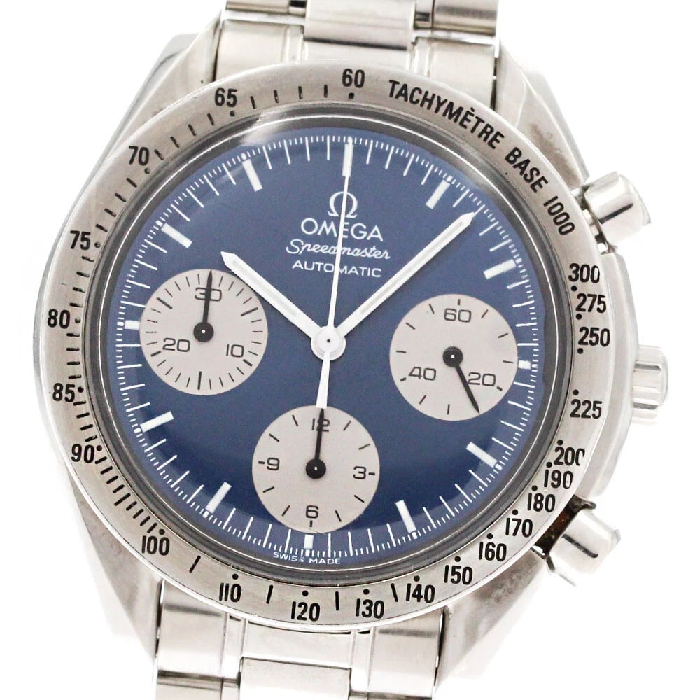 OMEGA SPEEDMASTER CHRONOGRAPH WATCH: OMEGA Speedmaster Chronograph Watch Brand: OMEGA Type: Wristwatch Material: Band Material Stainless Steel, Case Material Stainless Steel Color: Band Color Silver, Dial Color blue, Case Color