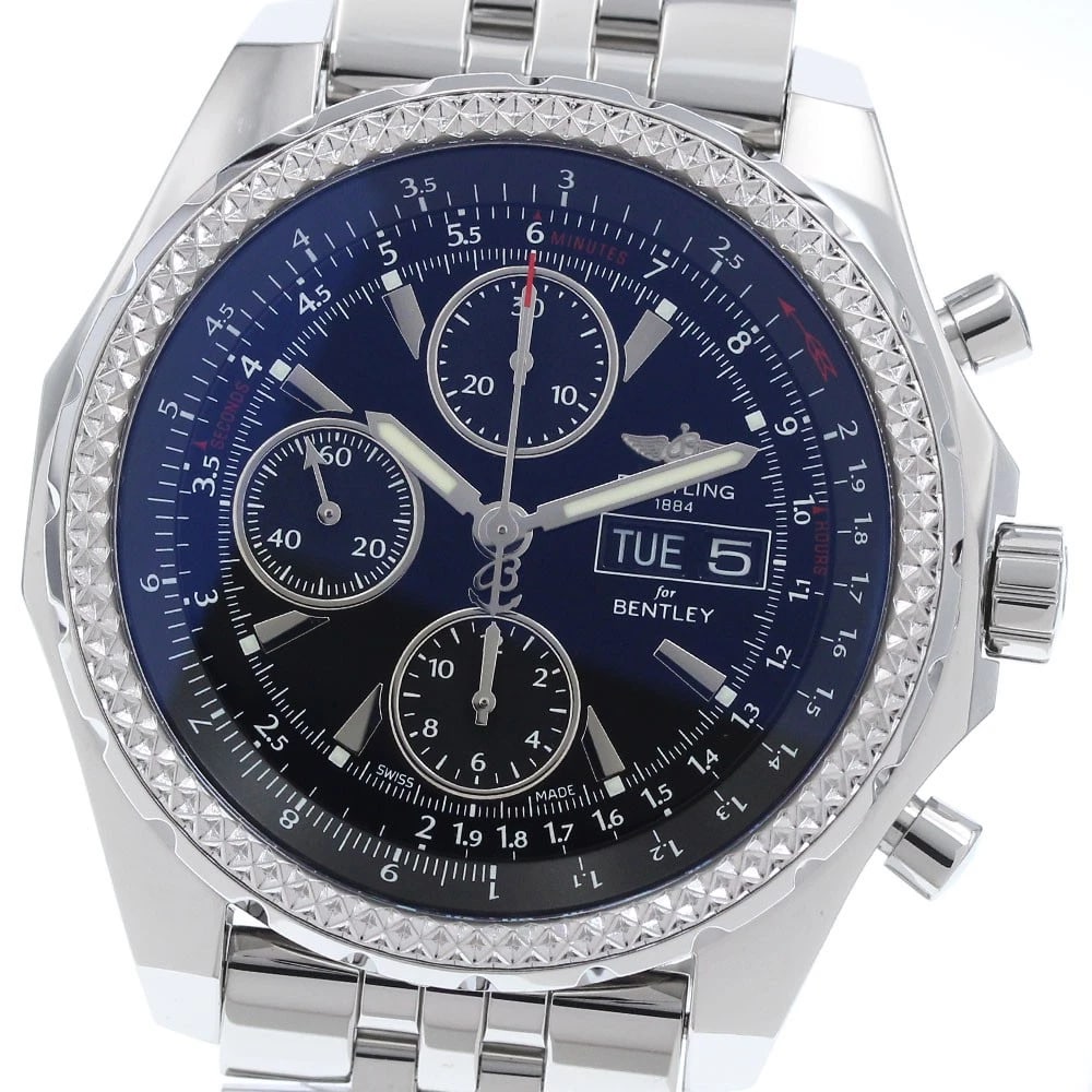BREITLING BENTLEY DAY DATE BLACK DIAL WATCH: BREITLING Bentley Day Date Black Dial Watch Brand: BREITLING Type: Wristwatch Material: Band Material Stainless Steel, Case Material Stainless Steel Color: Band Color Silver, Dial Color black,
