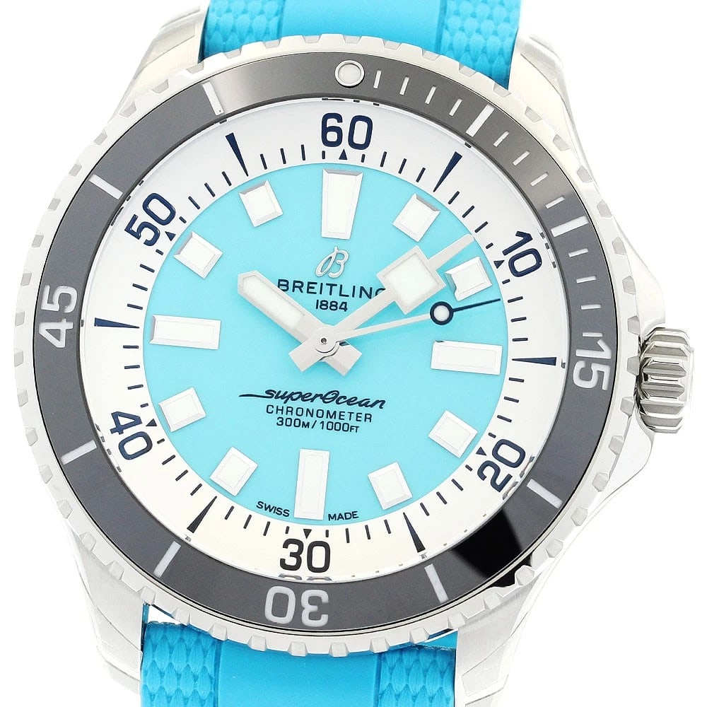 BREITLING SUPER OCEAN WATCH: BREITLING Super Ocean Watch Brand: BREITLING Type: Wristwatch Material: Band Material rubber, Case Material Stainless Steel Color: Band Color blue, Dial Color Turquoise/White, Case Color Silver