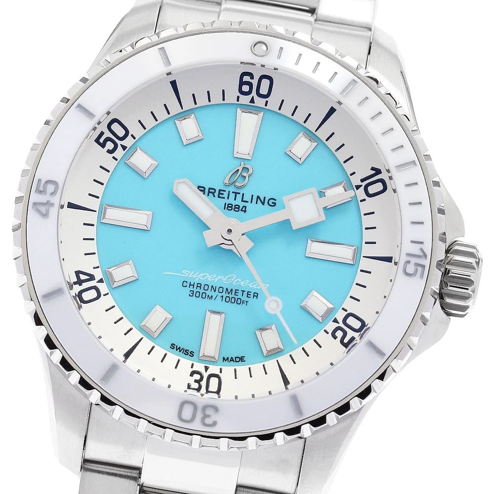 BREITLING SUPEROCEAN WATCH: BREITLING Superocean Watch Brand: BREITLING Type: Wristwatch Material: Band Material Stainless Steel, Case Material Stainless Steel Color: Band Color Silver, Dial Color Light blue, Case Color