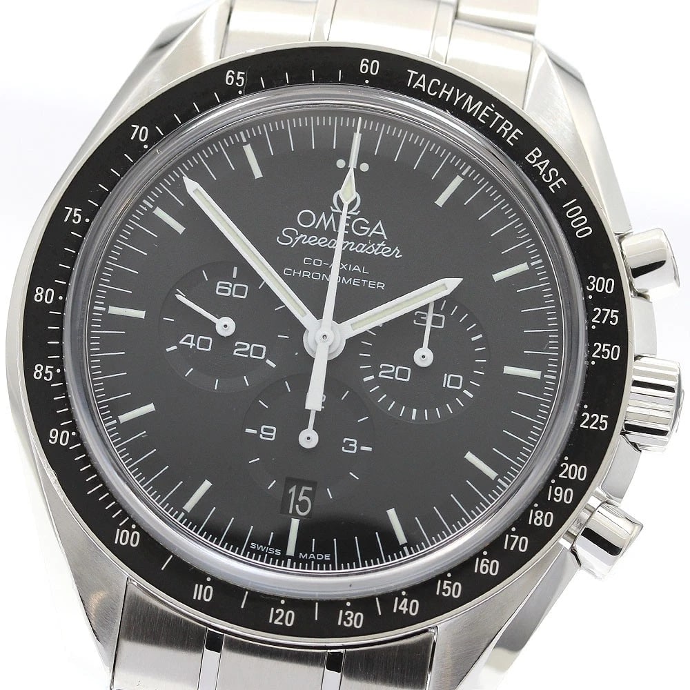 OMEGA SPEEDMASTER MOONWATCH WATCH: OMEGA Speedmaster Moonwatch Watch Brand: OMEGA Type: Wristwatch Material: Band Material Stainless Steel, Case Material Stainless Steel Color: Band Color Silver, Dial Color black, Case Color Silver