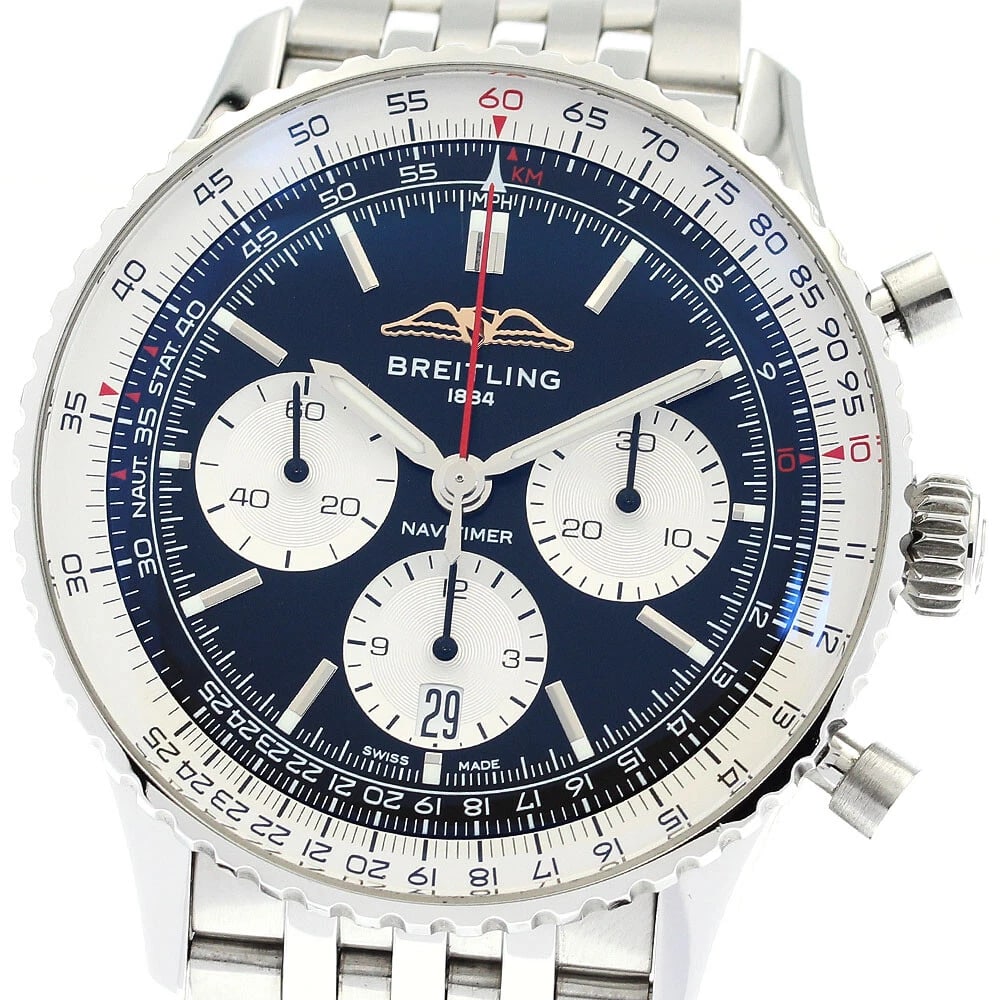 BREITLING NAVITIMER CHRONOGRAPH WATCH: BREITLING Navitimer Chronograph Watch Brand: BREITLING Type: Wristwatch Material: Band Material Stainless Steel, Case Material Stainless Steel Color: Band Color Silver, Dial Color black, Case Color