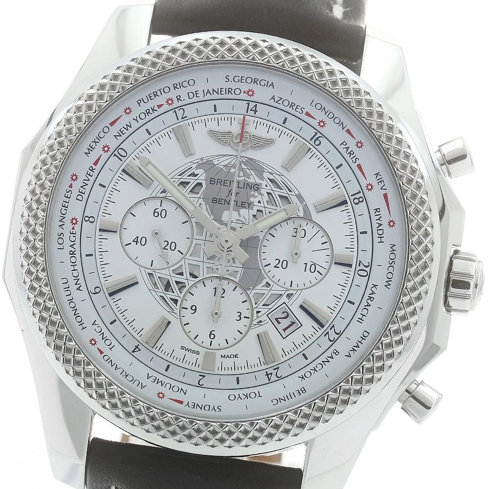 BREITLING BENTLEY CHRONOGRAPH WATCH: BREITLING Bentley Chronograph Watch Brand: BREITLING Type: Wristwatch Material: Band Material leather, Case Material Stainless Steel Color: Band Color black, Dial Color white, Case Color Silver