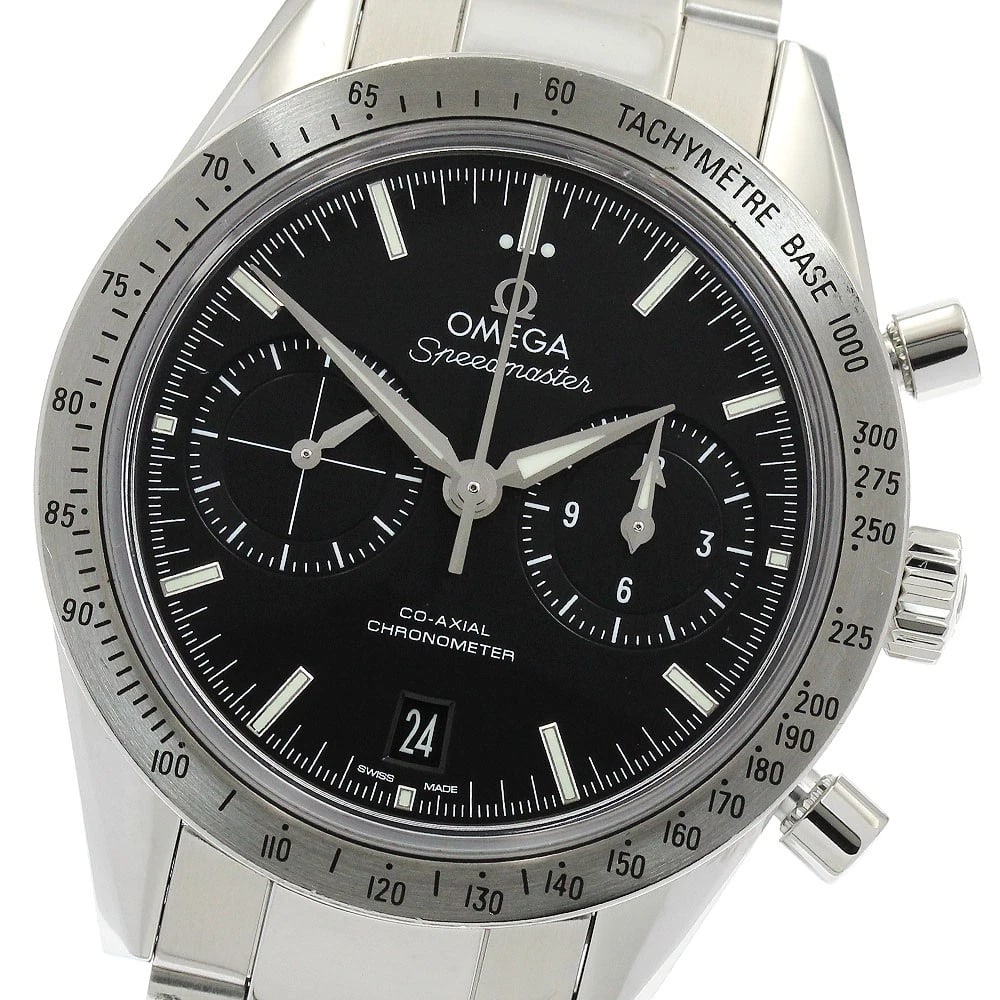 OMEGA SPEEDMASTER CO-AXIAL WATCH: OMEGA Speedmaster Co-Axial Watch Brand: OMEGA Type: Wristwatch Material: Band Material Stainless Steel, Case Material Stainless Steel Color: Band Color Silver, Dial Color black, Case Color Silver