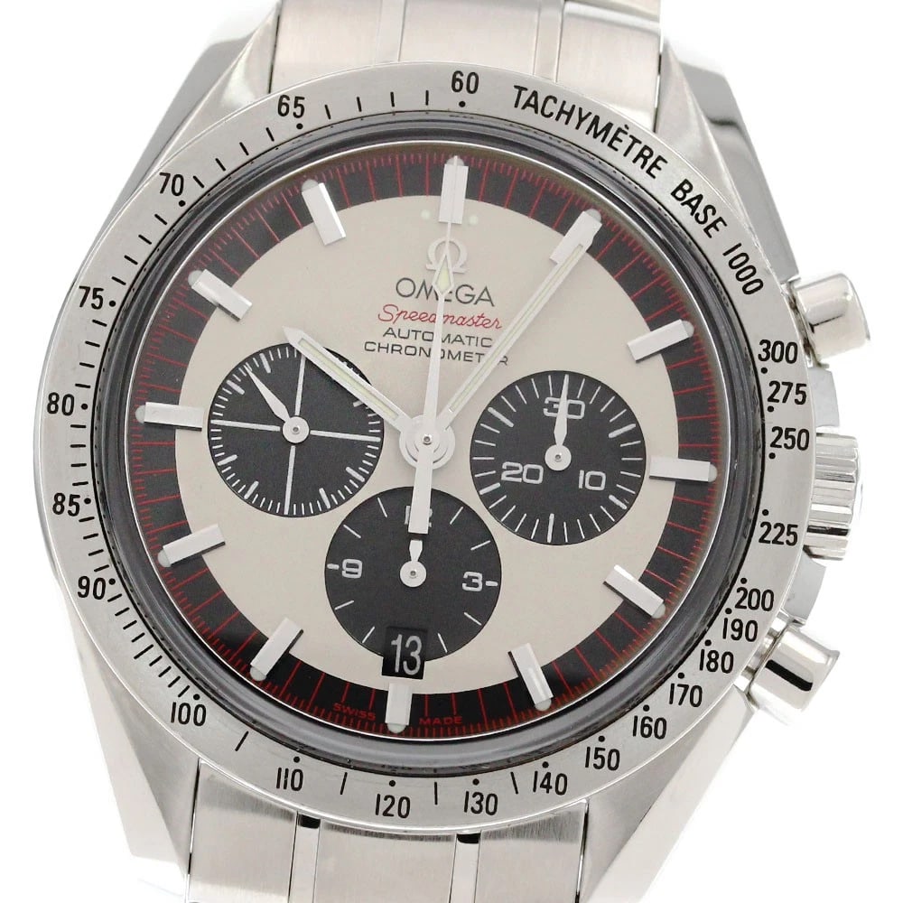 OMEGA SPEEDMASTER SCHUMACHER CHRONOGRAPH WATCH: OMEGA Speedmaster Schumacher Chronograph Watch Brand: OMEGA Type: Wristwatch Material: Band Material Stainless Steel, Case Material Stainless Steel Color: Band Color Silver, Dial Color Beige /