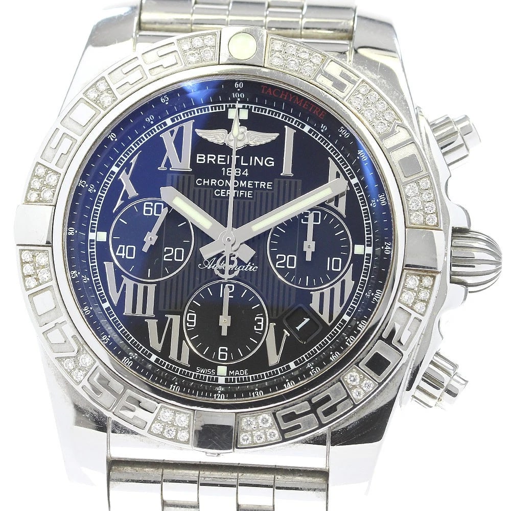 BREITLING CHRONOMAT DIAMOND BEZEL WATCH: BREITLING Chronomat Diamond Bezel Watch Brand: BREITLING Type: Wristwatch Material: Band Material Stainless Steel, Case Material Stainless Steel Color: Band Color Silver, Dial Color black, Case Col