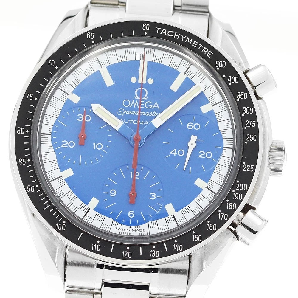 OMEGA SPEEDMASTER RACING SCHUMACHER WATCH: OMEGA Speedmaster Racing Schumacher Watch Brand: OMEGA Type: Wristwatch Material: Band Material Stainless Steel, Case Material Stainless Steel Color: Band Color Silver, Dial Color blue, Case Color