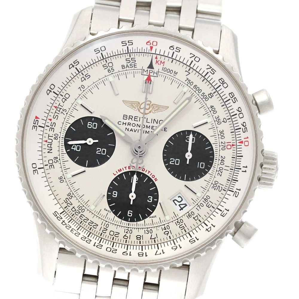 BREITLING NAVITIMER CHRONOGRAPH WATCH: BREITLING Navitimer Chronograph Watch Brand: BREITLING Type: Wristwatch Material: Band Material Stainless Steel, Case Material Stainless Steel Color: Band Color Silver, Dial Color Silver / Black, C