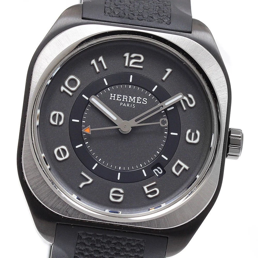 HERMES DATE GRAY DIAL WATCH: HERMES Date gray Dial Watch Brand: HERMES Type: Wristwatch Material: Band Material rubber, Case Material titanium Color: Band Color black, Dial Color gray, Case Color Silver / Black Size: Case siz
