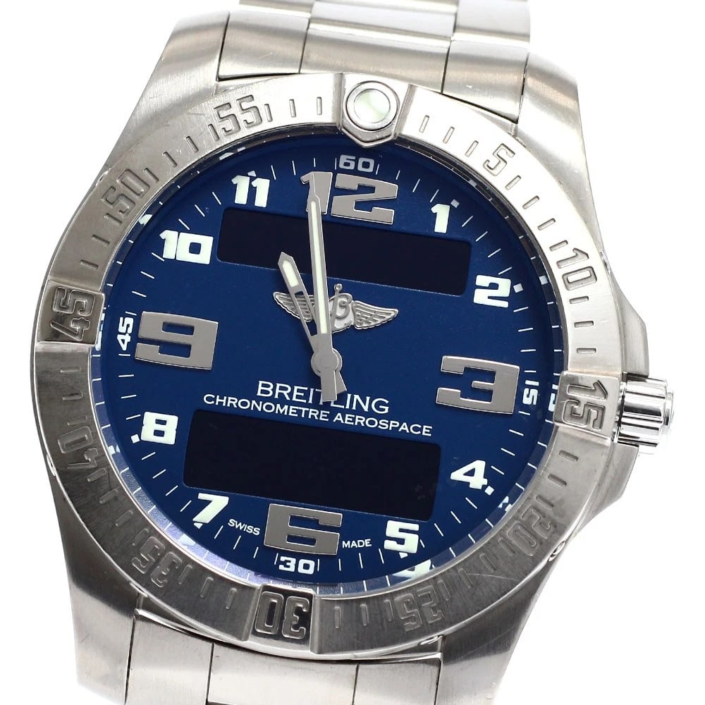 BREITLING AEROSPACE NAVY DIAL QUARTZ WATCH: BREITLING Aerospace Navy Dial Quartz Watch Brand: BREITLING Type: Wristwatch Material: Band Material titanium, Case Material titanium Color: Band Color Silver, Dial Color Navy, Case Color Silver S