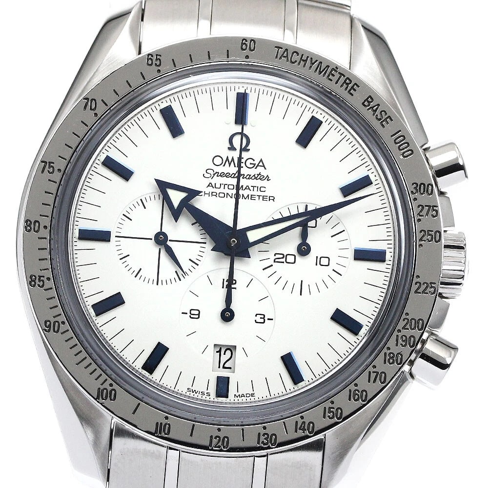 OMEGA SPEEDMASTER BROAD ARROW CHRONOGRAPH WATCH: OMEGA Speedmaster Broad Arrow Chronograph Watch Brand: OMEGA Type: Wristwatch Material: Band Material Stainless Steel, Case Material Stainless Steel Color: Band Color Silver, Dial Color white, Case