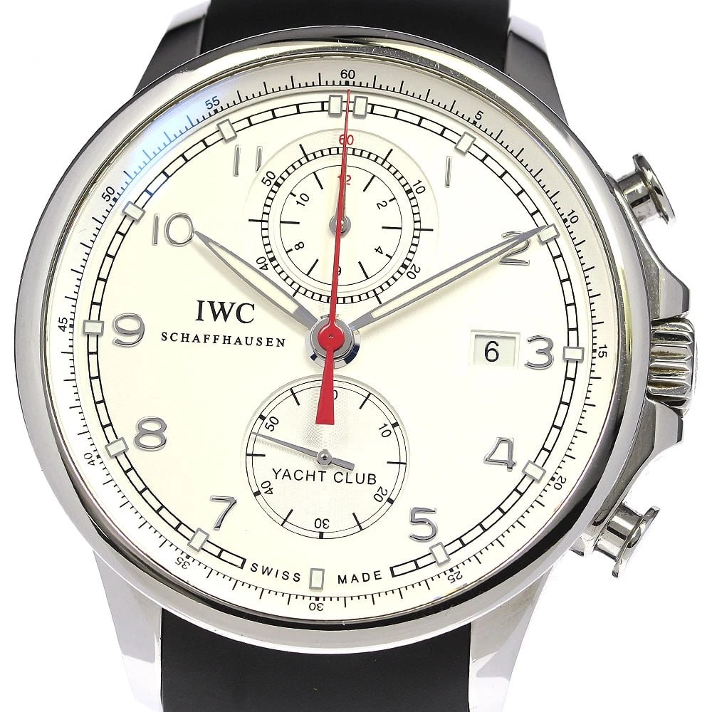 IWC SCHAFFHAUSEN PORTUGESE YACHT CLUB WATCH: IWC SCHAFFHAUSEN Portugese Yacht Club Watch Brand: IWC SCHAFFHAUSEN Type: Wristwatch Material: Band Material rubber, Case Material Stainless Steel Color: Band Color black, Dial Color Silver,