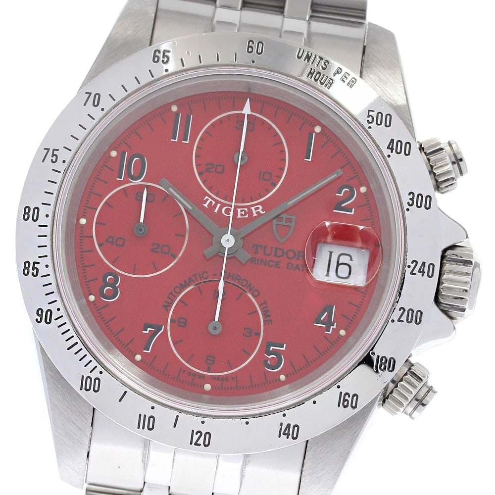 TUDOR PRINCE DATE CHRONO TIME TIGER RED DIAL WATCH: TUDOR Prince Date Chrono Time Tiger Red Dial Watch Brand: TUDOR Type: Wristwatch Material: Band Material Stainless Steel, Case Material Stainless Steel Color: Band Color Silver, Dial Color Red, Cas