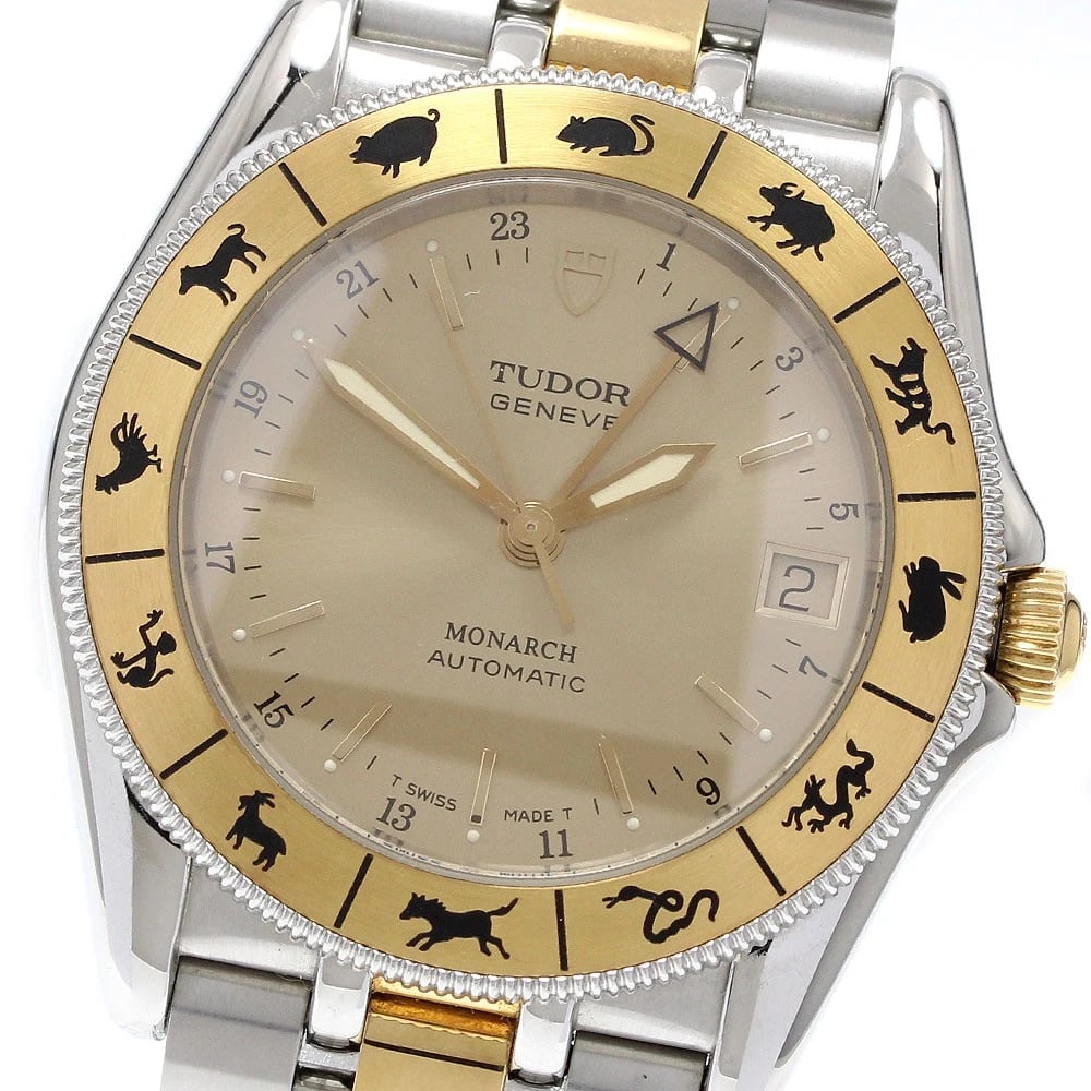 TUDOR MONARCH ZODIAC BEZEL YG GOLD DIAL WATCH: TUDOR Monarch Zodiac Bezel YG gold Dial Watch Brand: TUDOR Type: Wristwatch Material: Band Material Stainless Steel/YG, Case Material Stainless Steel/YG Color: Band Color Silver / Gold, Dial Color