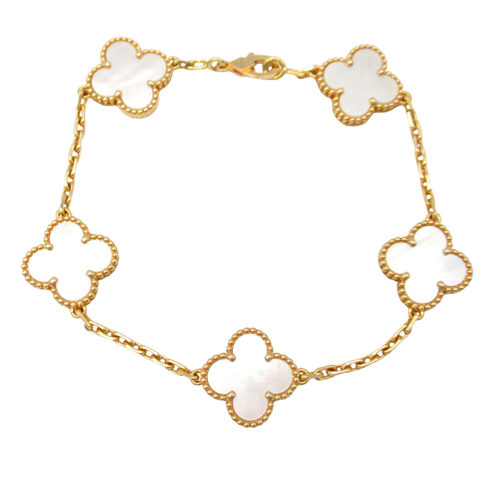 VAN CLEEF & ARPELS SEMI-CUSTOM ALHAMBRA BRACELET: Van Cleef & Arpels Semi-Custom Alhambra Bracelet Brand: Van Cleef & Arpels Type: Charm bracelet Material: Pink gold (18K) Color: White Size: Length 17.5cm / 6.88'' Accessories: None