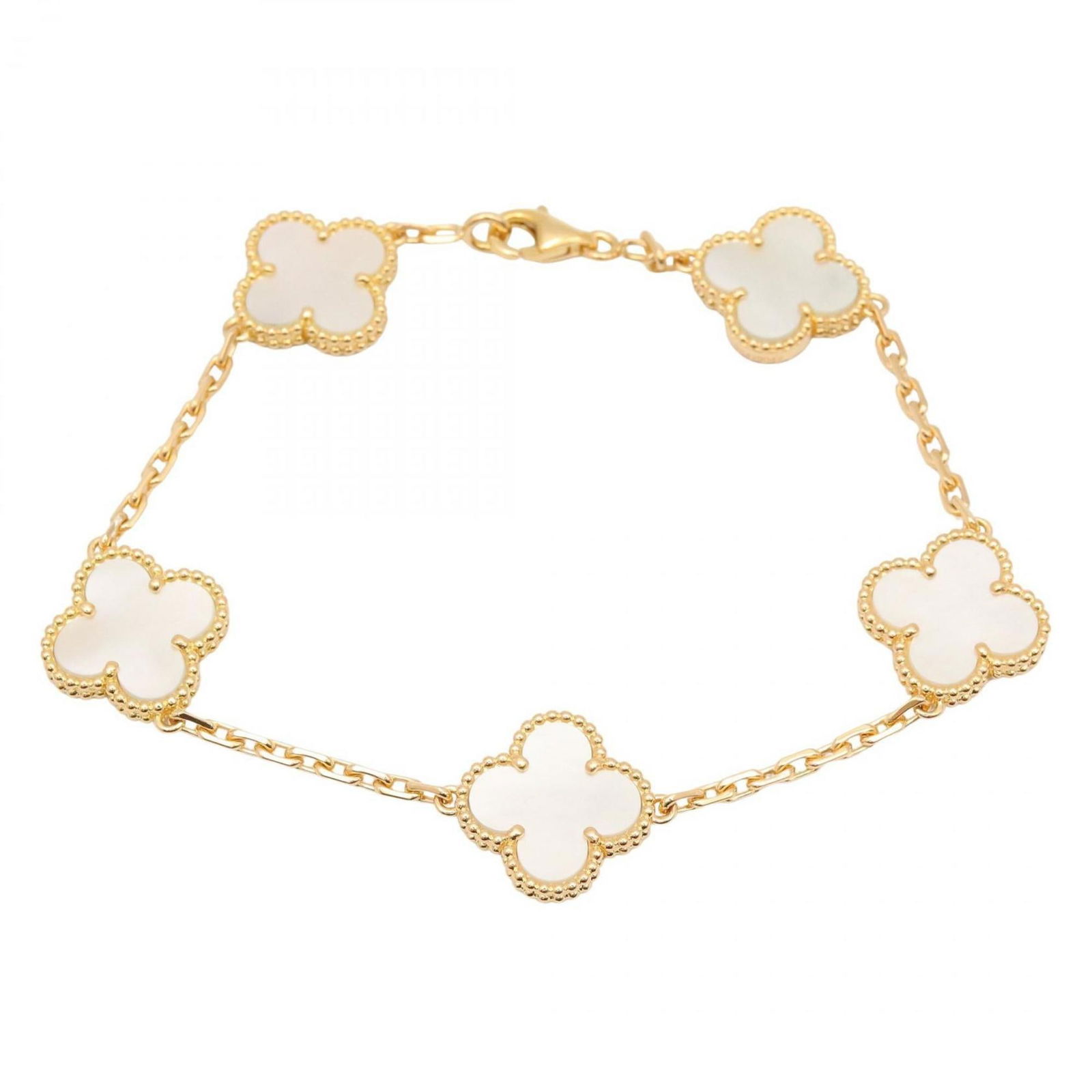 VAN CLEEF & ARPELS VINTAGE ALHAMBRA 5-MOTIF BRACELET: Van Cleef & Arpels Vintage Alhambra 5-Motif Bracelet Brand: Van Cleef & Arpels Type: Charm bracelet Material: Yellow gold (18K) Color: Gold, White Size: Length 18cm / 7.08'' Accessories: None