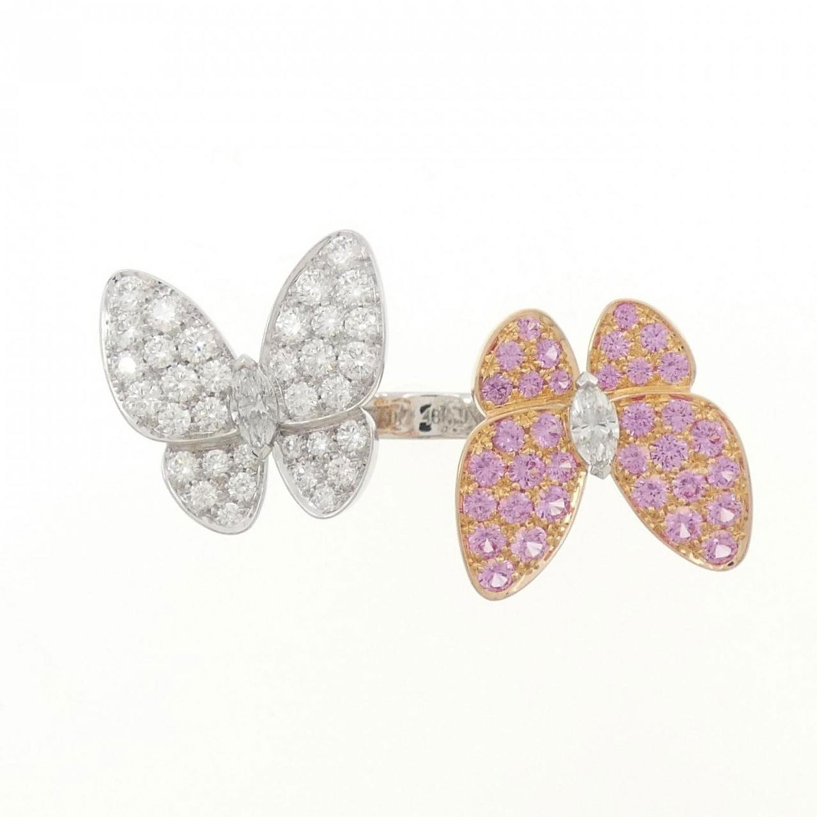 VAN CLEEF & ARPELS DE PAPILLON ENTREE LES DOORS RING: Van Cleef & Arpels de Papillon Entree Les Doors Ring Brand: Van Cleef & Arpels Type: Band ring Material: Pink gold (18K) White gold (18K) Color: None Size: 4.5 US Accessories: None