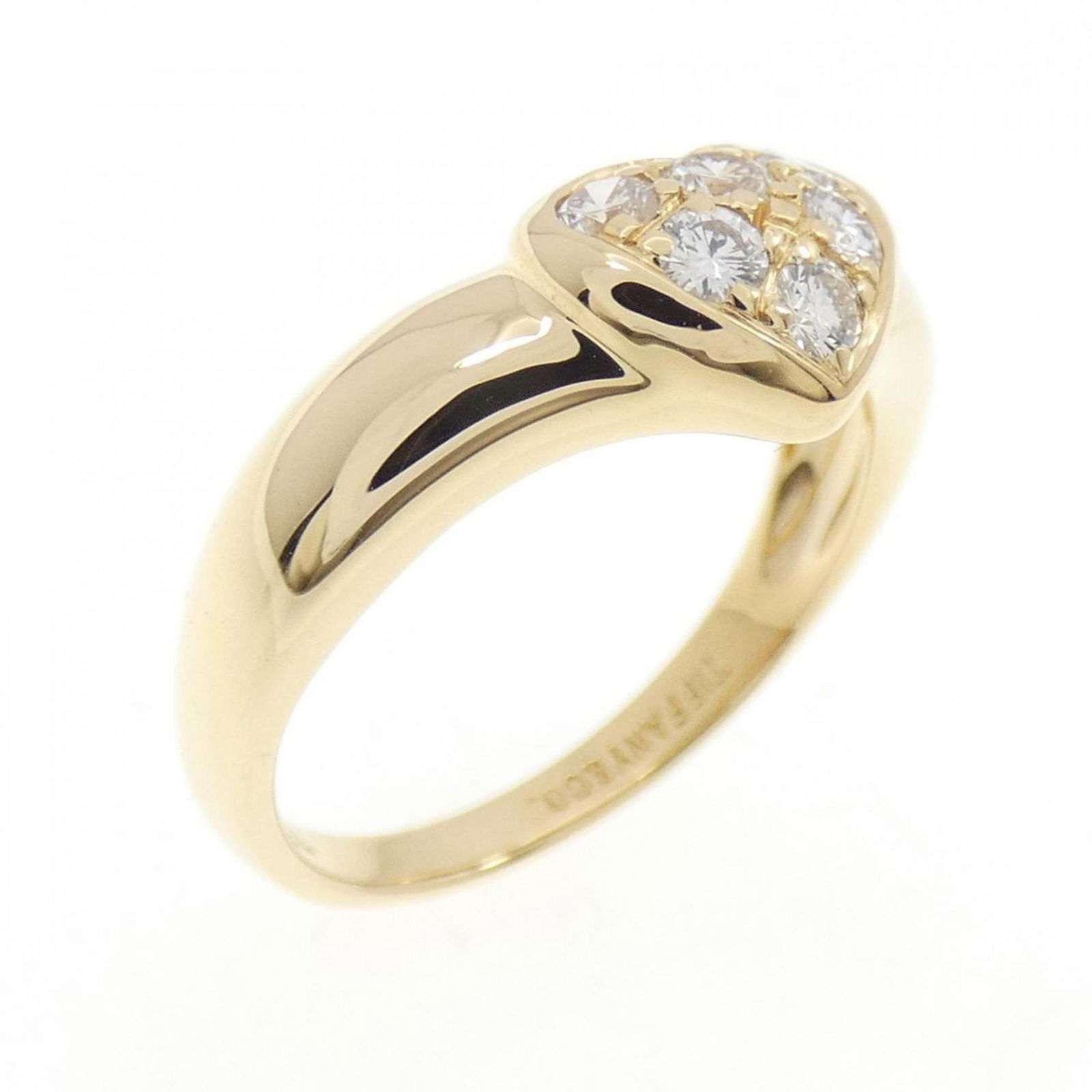 TIFFANY PAVE HEART RING: TIFFANY Pave Heart Ring Brand: Tiffany Type: Band ring Material: Yellow gold (18K) Color: Yellow gold Size: 5.5 US Accessories: None Accessories Notice: When purchasing pre-owned goods,