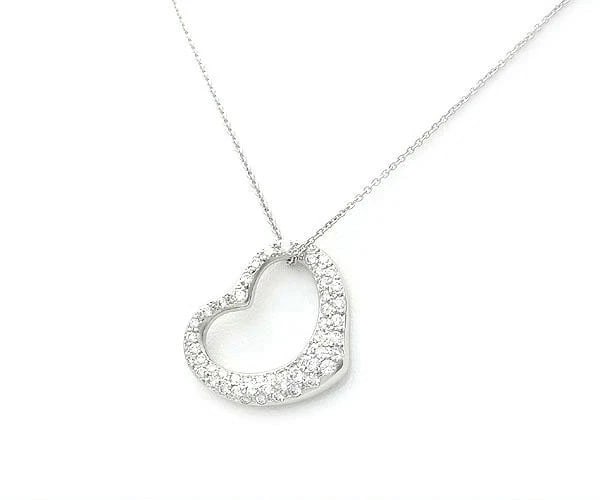 TIFFANY & CO. OPEN HEART PAVE DIAMOND NECKLACE: Tiffany & Co. Open Heart Pave Diamond Necklace Brand: Tiffany & Co. Type: Necklace Material: Platinum Main Stone/Creation Natural Color: Silver Size: Pendant Size: Approx. 0.87 in (22 mm) × 0.79