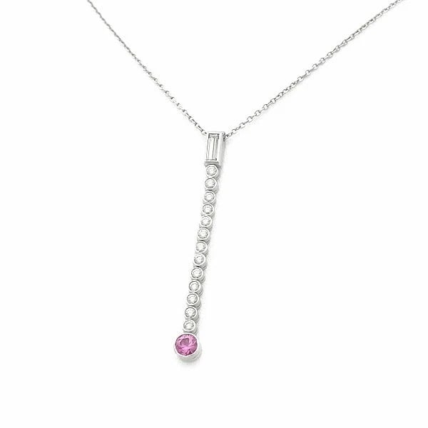 TIFFANY & CO. JAZZ DROP DIAMOND & PINK SAPPHIRE PENDANT NECKLACE: Tiffany & Co. Jazz Drop Diamond & Pink Sapphire Pendant Necklace Brand: Tiffany & Co. Type: Necklace Material: Platinum Main Stone/Creation Natural Color: Silver Size: Chain Length: Approx.