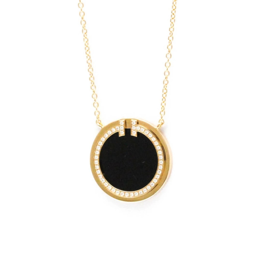 TIFFANY & CO. T TWO CIRCLE DIAMOND ONYX PENDANT NECKLACE (1 of 5)