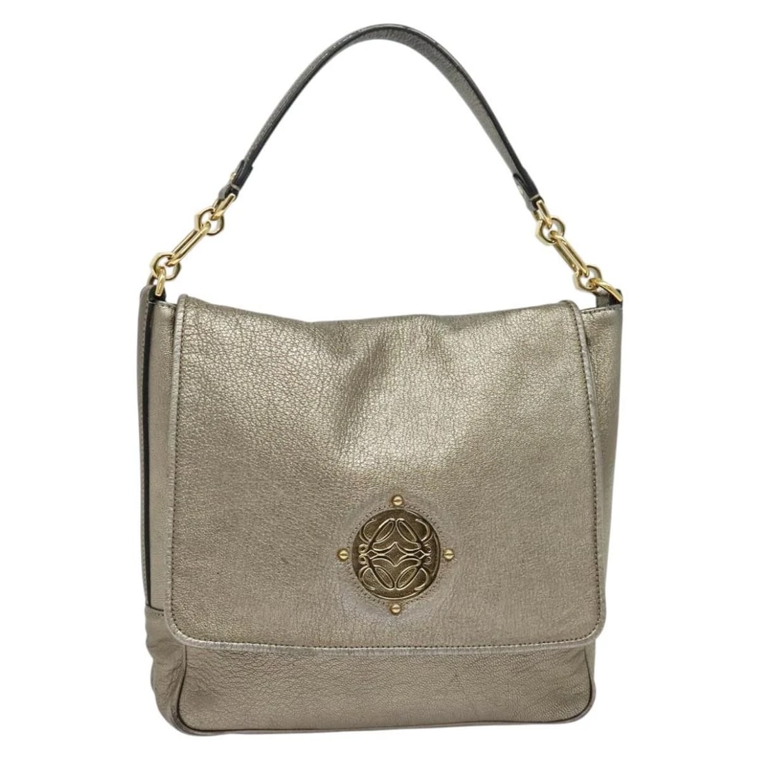 LOEWE ANAGRAM SHOULDER BAG: LOEWE Anagram Shoulder Bag Brand: LOEWE Type: Shoulder Bag Material: Leather Color: Gold Tone / Gold Size: W9.8 x H8.7 x D2.8inch(Approx) Shoulder Drop:6.7inch(Approx) Accessories: None