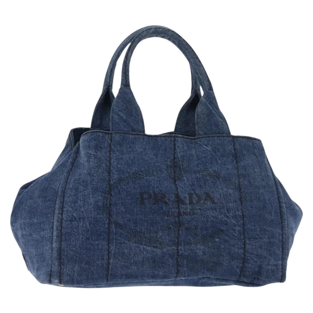 PRADA CANAPA MM HAND BAG DENIM BLUE GOLD: PRADA Canapa MM Hand Bag Denim Blue Gold Brand: PRADA Type: Hand Bag Material: Canvas Color: Blue / Gold Size: W13.4 x H8.3 x D8.3inch(Approx) Handle Drop:6.7inch(Approx) Accessories: None