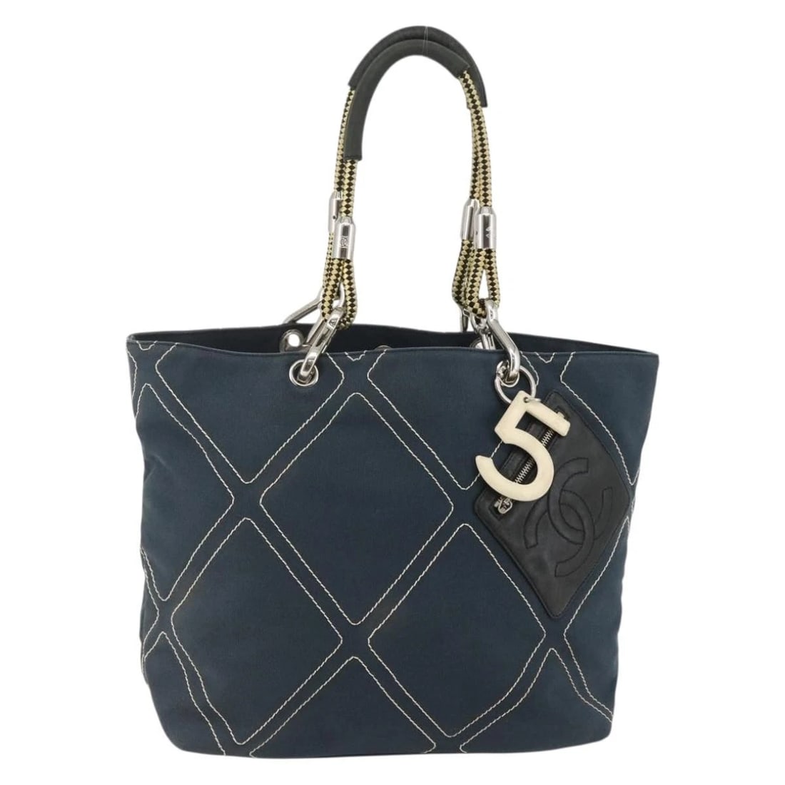 CHANEL TOTE BAG CANVAS NAVY SILVER: CHANEL Tote Bag Canvas Navy Silver Brand: CHANEL Type: Tote Bag Material: Canvas Color: Navy / Silver Size: W12.2 x H11.4 x D5.1inch(Approx) Handle Drop:8.7inch(Approx) Accessories: None