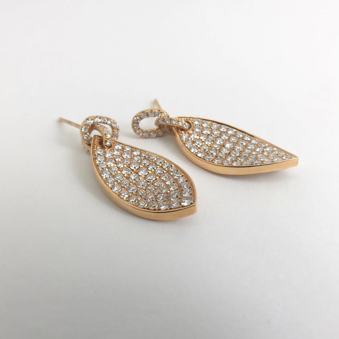 PAVE DIAMOND LEAF HANGING DANGLE DROP EARRINGS - 2