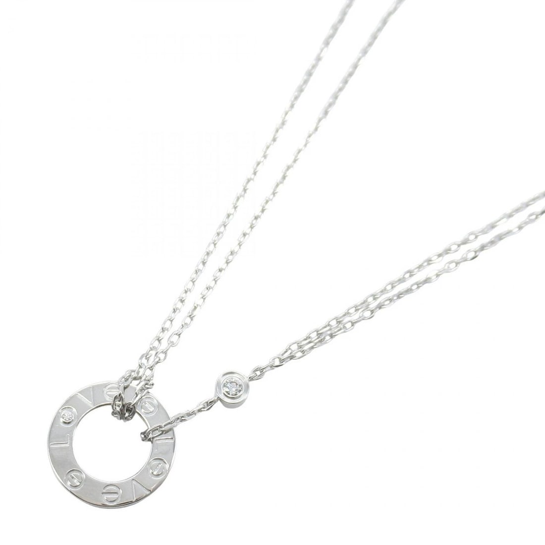 CARTIER LOVE CIRCLE 2P DIAMOND NECKLACE 18KWG: CARTIER Love Circle 2P Diamond Necklace 18KWG Brand: CARTIER Type: Necklace Material: K18WG Main Stone/Creation Natural Color: Silver Size: Neck rotation?37.5/40.5cm(14.8") Motif W?13mm x H?13mm(0