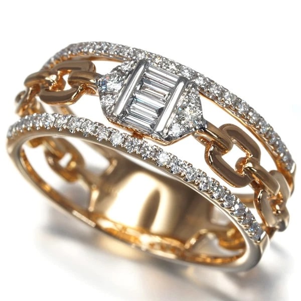 DIAMOND BAGUETTE-CUT OPENWORK CHAIN RING: Diamond Baguette-cut Openwork Chain Ring Brand: Unbranded Type: Ring Material: 18K / 750 / Rose Gold The white gold parts appear to be coated. Main Stone/Creation Natural Color: Rose Gold Size: US