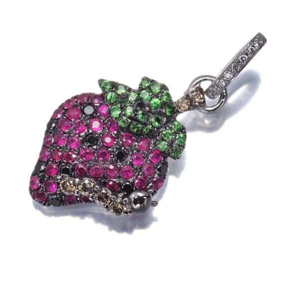 RUBY DIAMOND GREEN GARNET STRAWBERRY PENDANT: Ruby Diamond Green Garnet Strawberry Pendant Brand: Unbranded Type: Pendant Material: 18K / 750 / White Gold Black Coating Main Stone/Creation Natural Color: White Gold Black Coating Size: