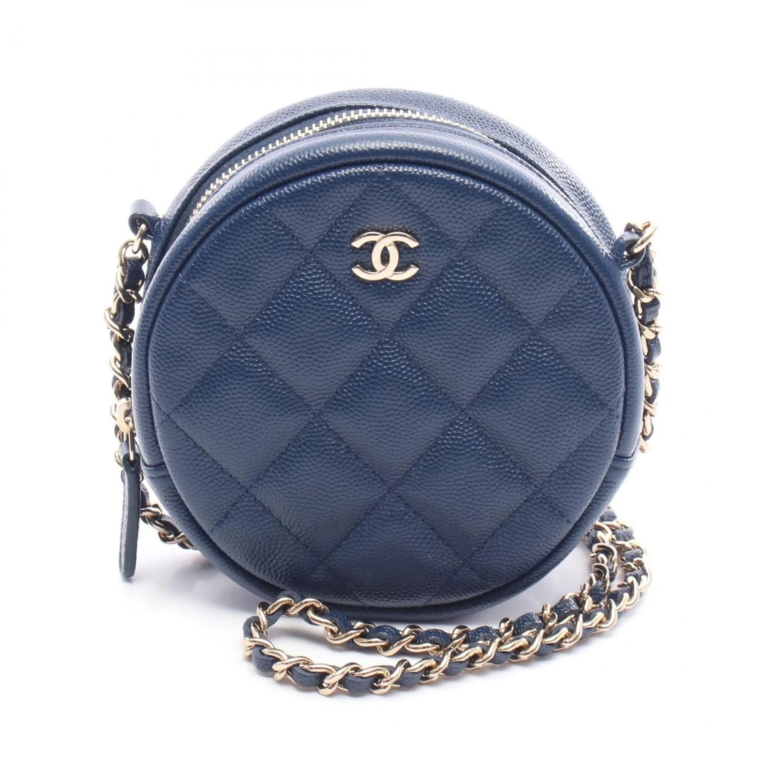 CHANEL MATELASSE ROUND MINI SHOULDER BAG: CHANEL Matelasse Round Mini Shoulder Bag Brand: CHANEL Type: Shoulder Bag Material: leather × Grained calfskin Color: Navy??ish colors Size: (H:4.7" x W:4.7" x D:1.8") Shoulder?130cm(51.2") Acce