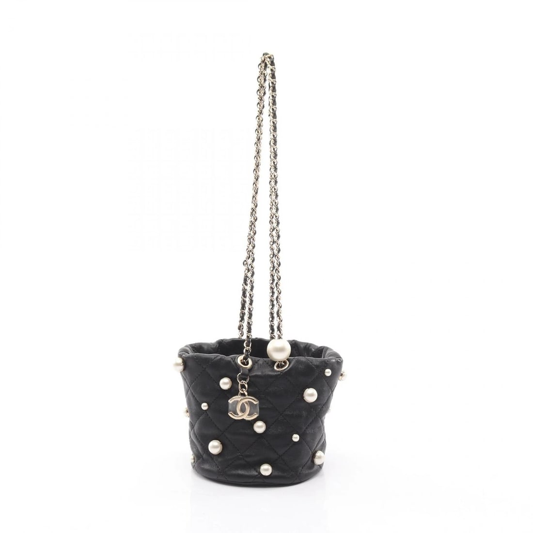 CHANEL COCO MARK MINI CHAIN SHOULDER HANDBAG: CHANEL COCO Mark mini Chain Shoulder Handbag Brand: CHANEL Type: Shoulder Bag Material: Lambskin (sheep leather) × Artificial pearl Color: Black??ish colors Size: (H:4.3" x W:4.3" x D:4.1") Strap