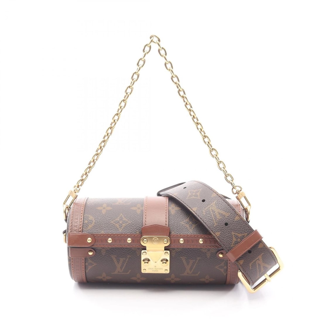 LOUIS VUITTON PAPILLON TRUNK SHOULDER HANDBAG: LOUIS VUITTON Papillon Trunk Shoulder Handbag Brand: LOUIS VUITTON Type: Handbag Material: Monogram × PVC coated canvas × leather Color: Brown??ish colors Size: (H:3.5" x W:7.9" x D:3.5") Handle