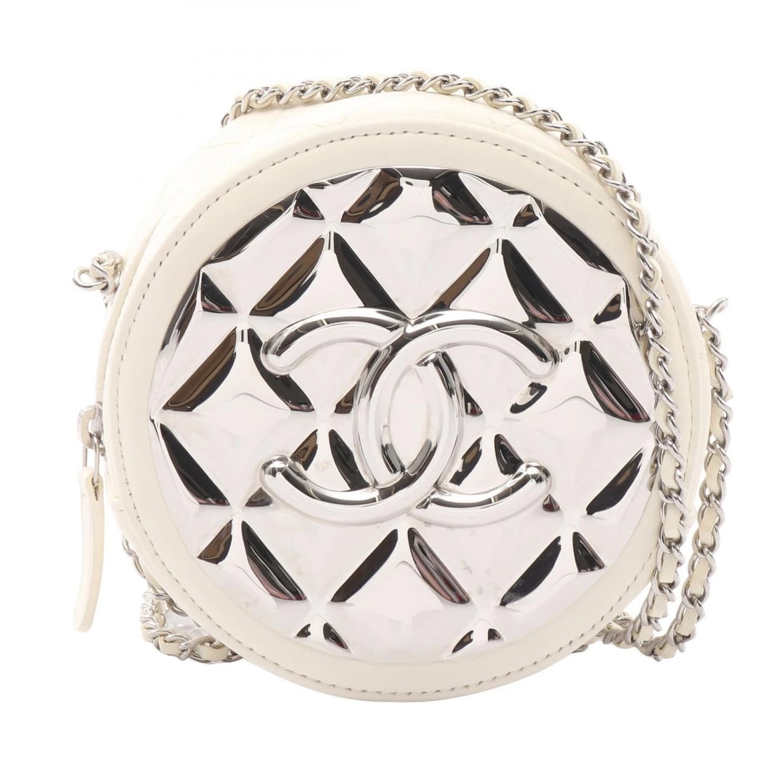 CHANEL MATELASSE SHOULDER CROSSBODY BAG: CHANEL Matelasse Shoulder Crossbody Bag Brand: CHANEL Type: Shoulder Bag Material: Lambskin (sheep leather) × metal Color: White??ish colors × Silver??ish colors Size: (H:4.7" x W:4.7" x D:2.4")