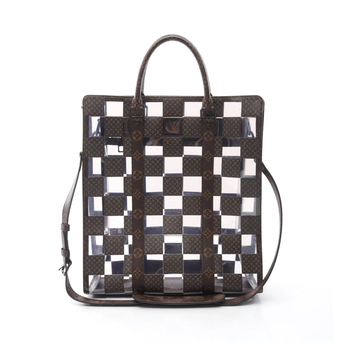 LOUIS VUITTON SAC PLAT 2WAY TOTE BAG: LOUIS VUITTON Sac Plat 2way Tote Bag Brand: LOUIS VUITTON Type: Tote Bag Material: PVC coated canvas × Plastics × Monogram Chess Color: Brown??ish colors × Clear??ish colors Size: (H:15.7" x W: